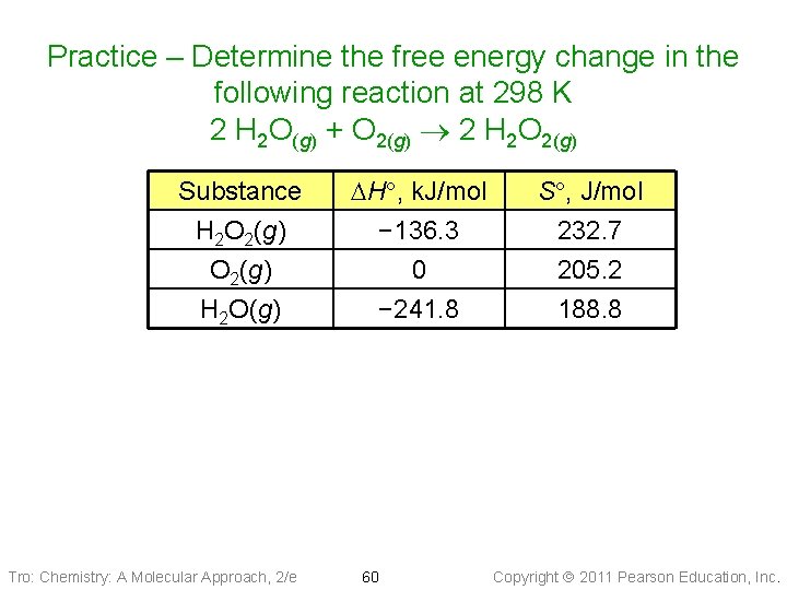 Practice – Determine the free energy change in the following reaction at 298 K