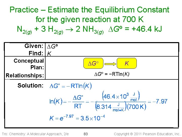 Practice – Estimate the Equilibrium Constant for the given reaction at 700 K N