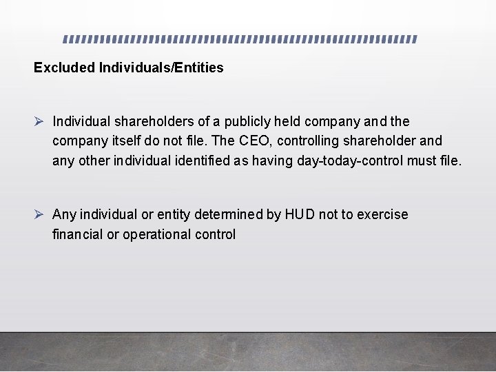 Excluded Individuals/Entities Ø Individual shareholders of a publicly held company and the company itself