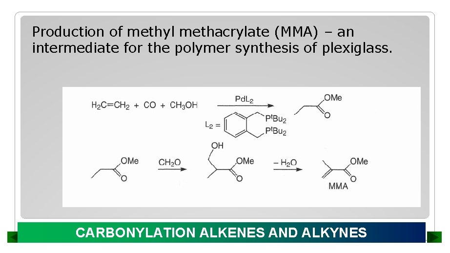 Production of methyl methacrylate (MMA) – an intermediate for the polymer synthesis of plexiglass.