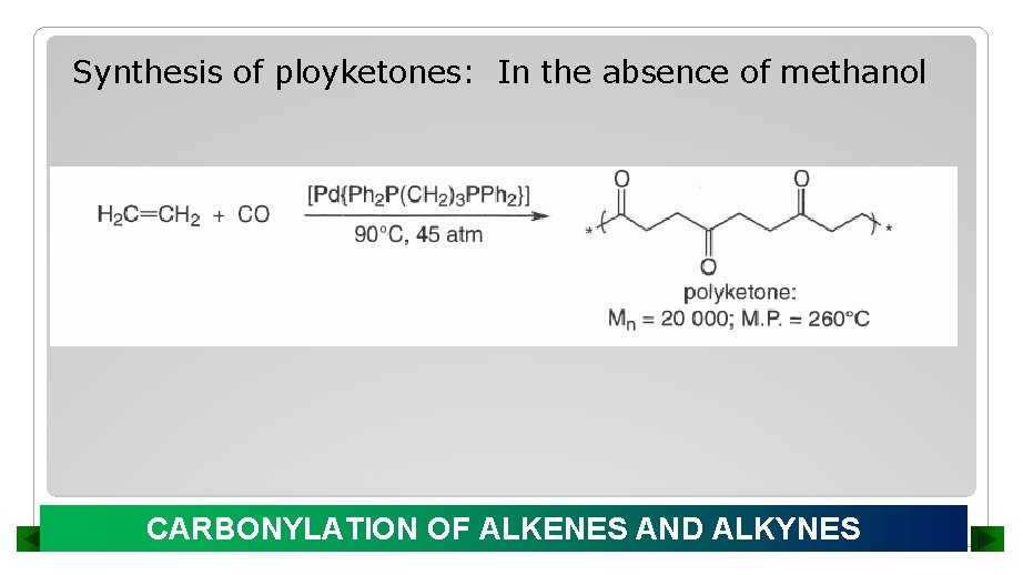 Synthesis of ployketones: In the absence of methanol CARBONYLATION OF ALKENES AND ALKYNES 