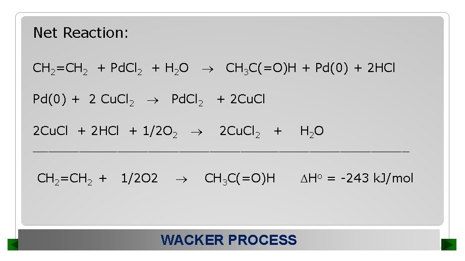 Net Reaction: CH 2=CH 2 + Pd. Cl 2 + H 2 O Pd(0)