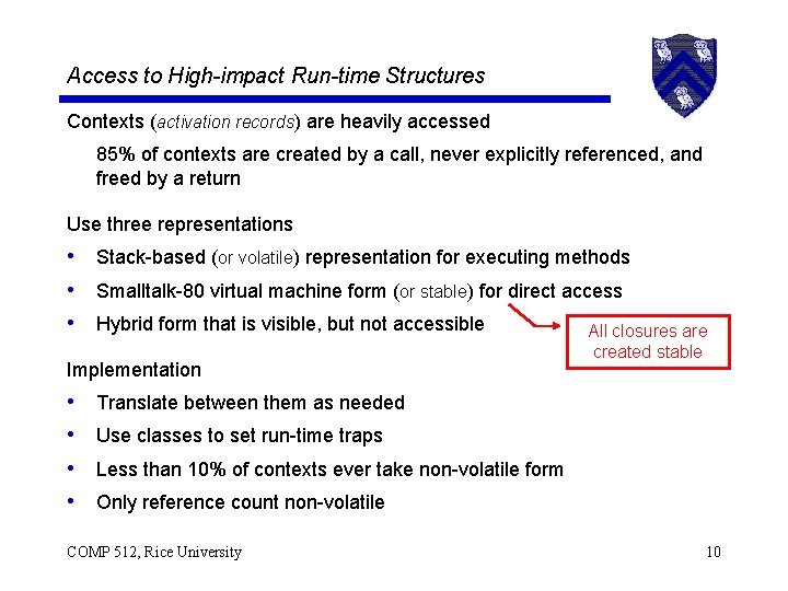 Access to High-impact Run-time Structures Contexts (activation records) are heavily accessed 85% of contexts