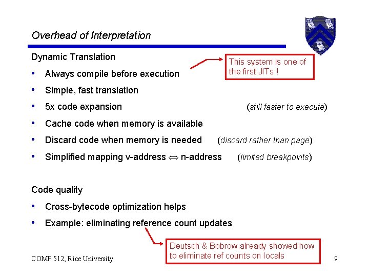 Overhead of Interpretation Dynamic Translation • • • This system is one of the