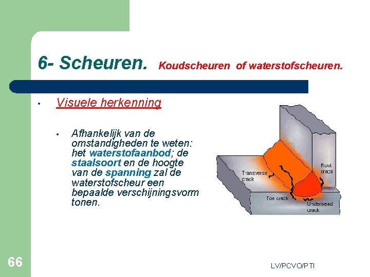 6 - Scheuren. • Visuele herkenning • 66 Koudscheuren of waterstofscheuren. Afhankelijk van de