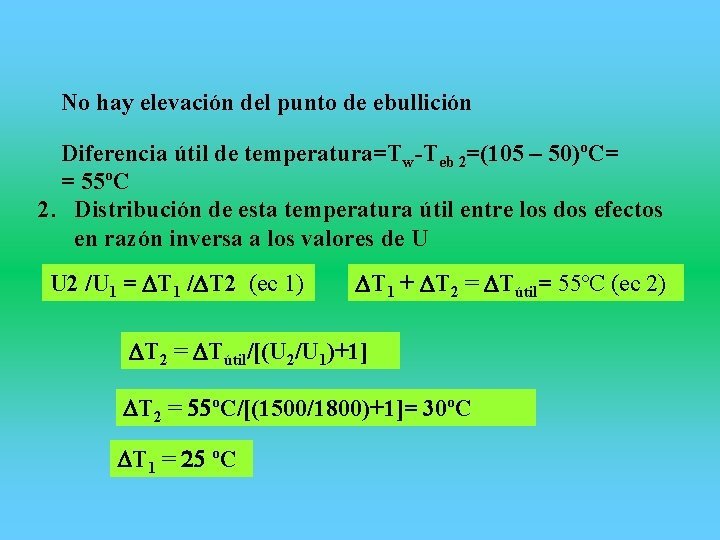 No hay elevación del punto de ebullición Diferencia útil de temperatura=Tw-Teb 2=(105 – 50)ºC=