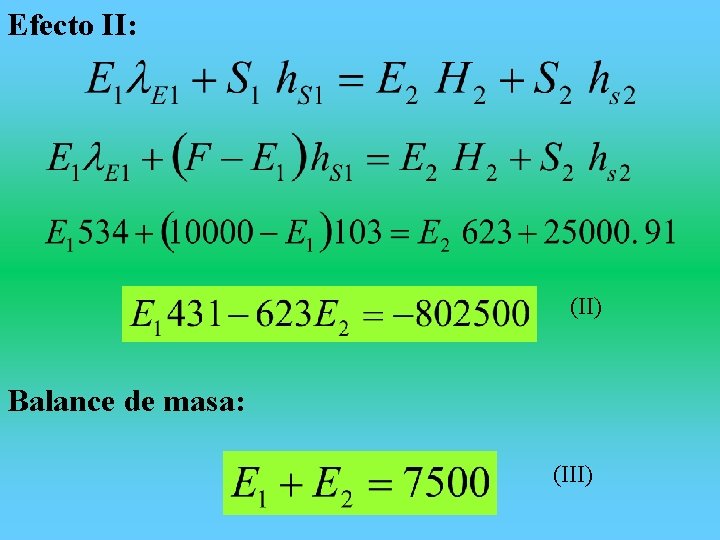 Efecto II: (II) Balance de masa: (III) 