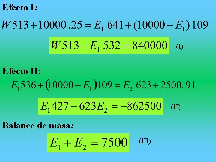 Efecto I: (I) Efecto II: (II) Balance de masa: (III) 