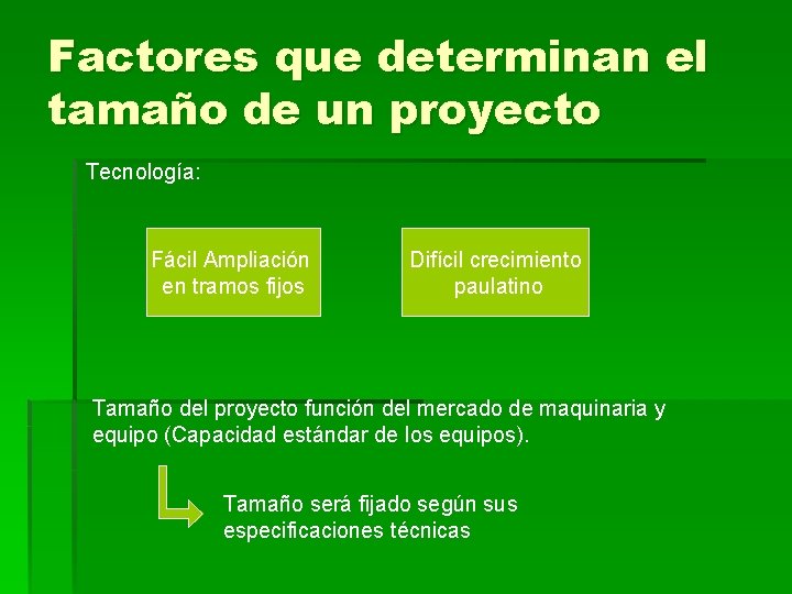 Factores que determinan el tamaño de un proyecto Tecnología: Fácil Ampliación en tramos fijos