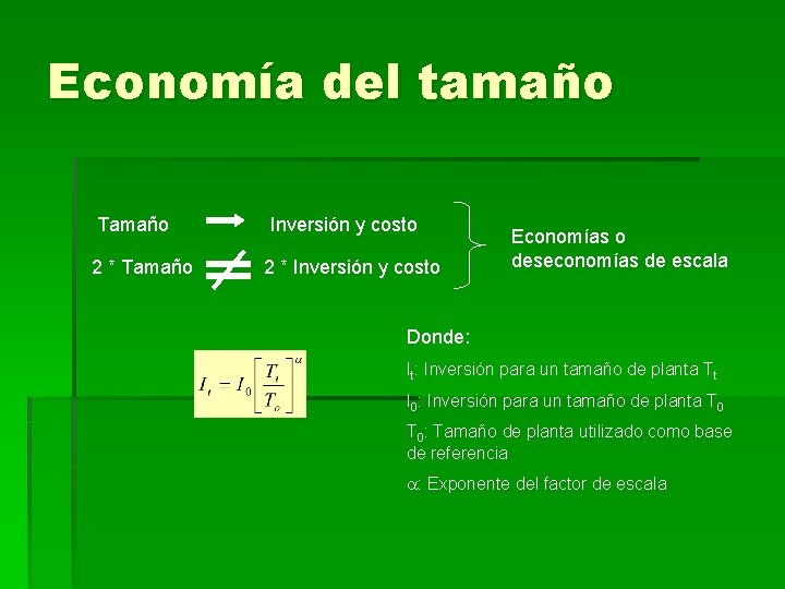 Economía del tamaño Tamaño 2 * Tamaño Inversión y costo 2 * Inversión y