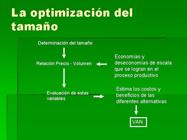 La optimización del tamaño Determinación del tamaño Relación Precio - Volumen Evaluación de estas