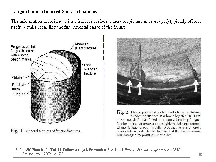Fatigue Failure Induced Surface Features The information associated with a fracture surface (macroscopic and