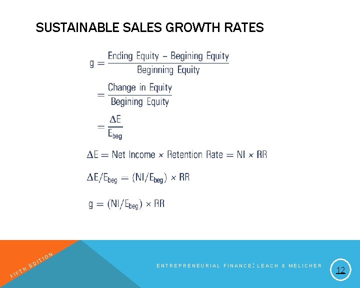 SUSTAINABLE SALES GROWTH RATES FI H FT E T DI IO N ENTREPRENEURIAL FINANCE: