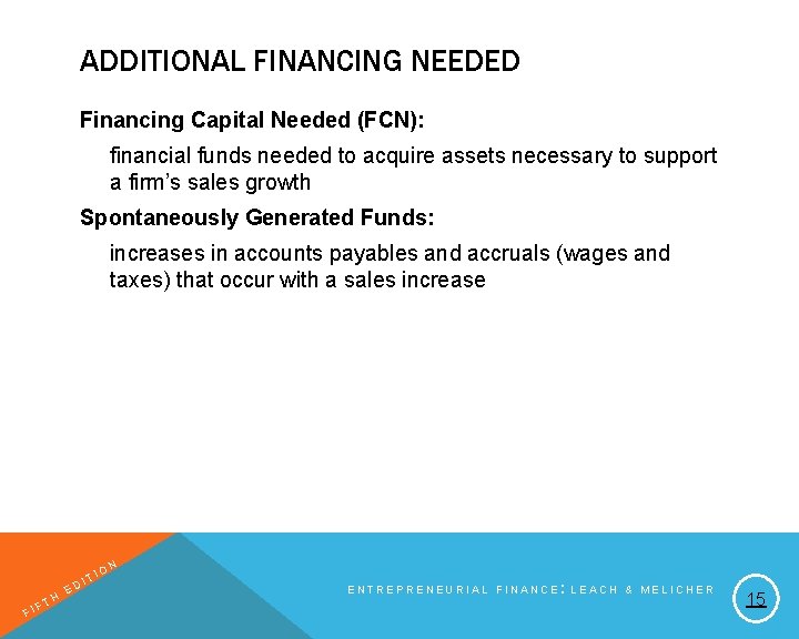 ADDITIONAL FINANCING NEEDED Financing Capital Needed (FCN): financial funds needed to acquire assets necessary