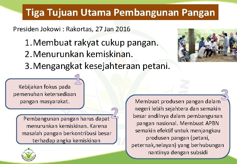 Tiga Tujuan Utama Pembangunan Pangan Presiden Jokowi : Rakortas, 27 Jan 2016 1. Membuat