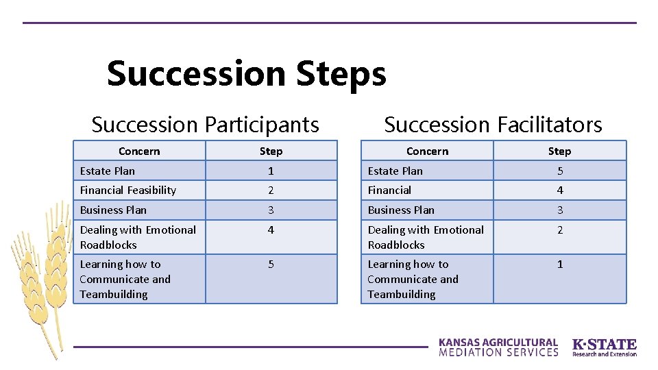 Succession Steps Succession Participants Concern Step Succession Facilitators Concern Step Estate Plan 1 Estate