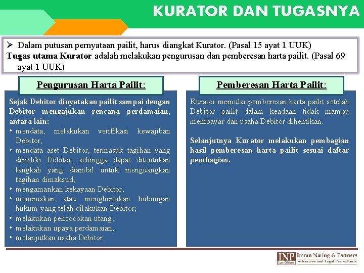 KURATOR DAN TUGASNYA Ø Dalam putusan pernyataan pailit, harus diangkat Kurator. (Pasal 15 ayat