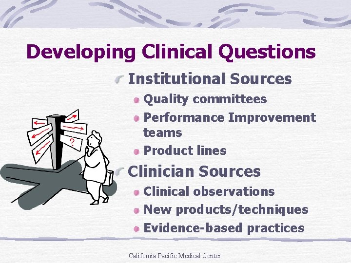 Developing Clinical Questions Institutional Sources Quality committees Performance Improvement teams Product lines Clinician Sources