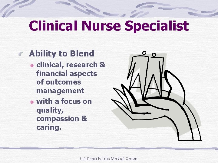 Clinical Nurse Specialist Ability to Blend clinical, research & financial aspects of outcomes management