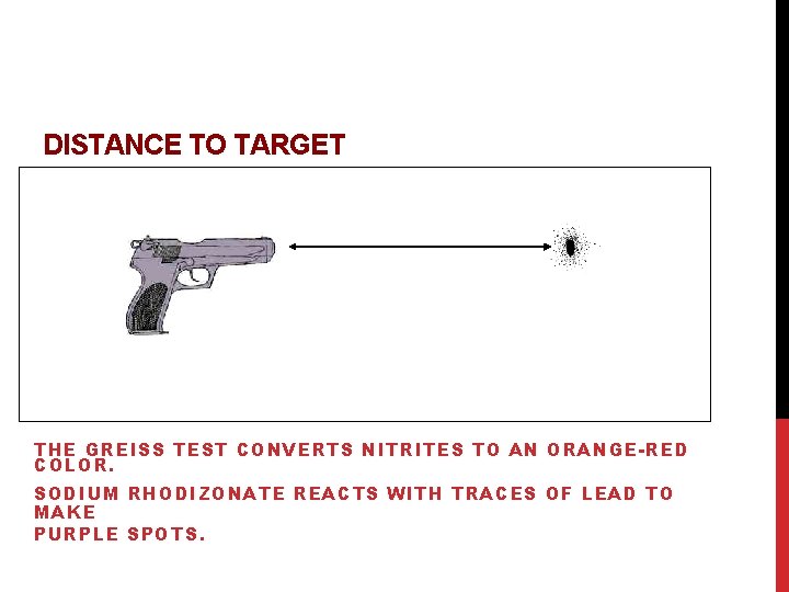 DISTANCE TO TARGET THE GREISS TEST CONVERTS NITRITES TO AN ORANGE-RED COLOR. SODIUM RHODIZONATE