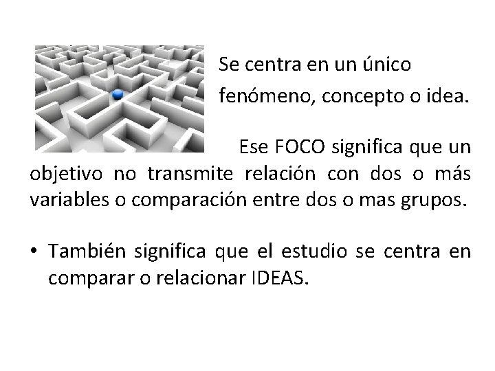 Se centra en un único fenómeno, concepto o idea. Ese FOCO significa que un