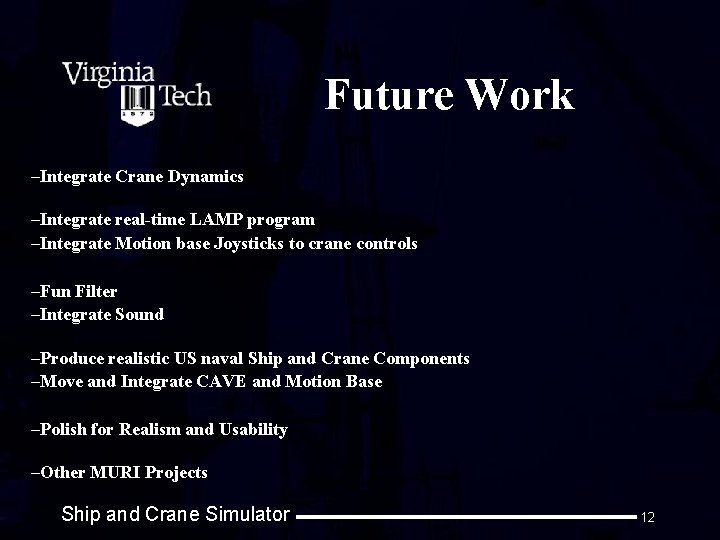 Future Work –Integrate Crane Dynamics –Integrate real-time LAMP program –Integrate Motion base Joysticks to