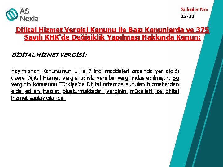 Sirküler No: 12 -03 Dijital Hizmet Vergisi Kanunu ile Bazı Kanunlarda ve 375 Sayılı