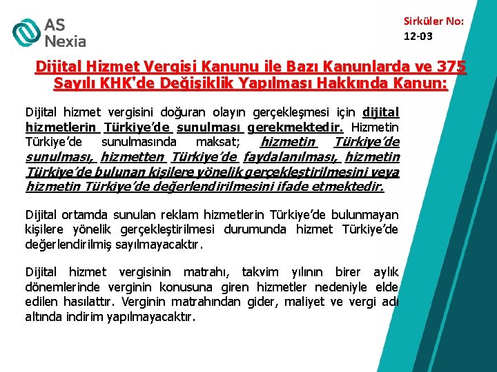 Sirküler No: 12 -03 Dijital Hizmet Vergisi Kanunu ile Bazı Kanunlarda ve 375 Sayılı