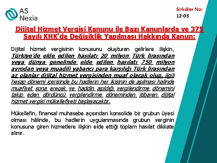 Sirküler No: 12 -03 Dijital Hizmet Vergisi Kanunu ile Bazı Kanunlarda ve 375 Sayılı