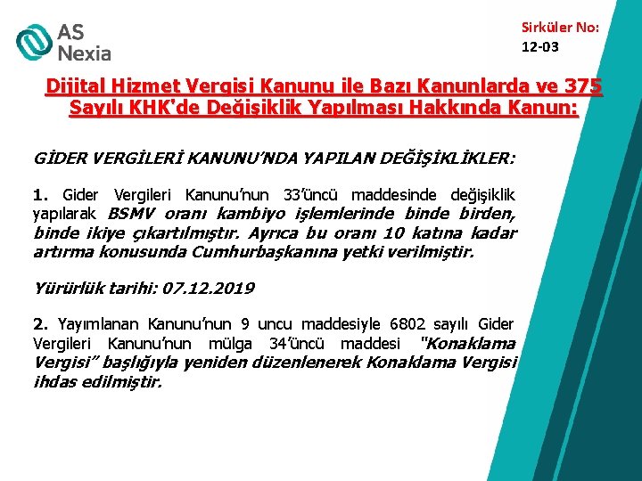 Sirküler No: 12 -03 Dijital Hizmet Vergisi Kanunu ile Bazı Kanunlarda ve 375 Sayılı