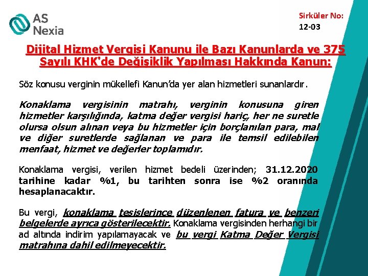Sirküler No: 12 -03 Dijital Hizmet Vergisi Kanunu ile Bazı Kanunlarda ve 375 Sayılı