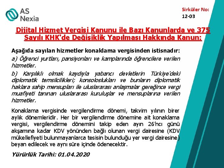 Sirküler No: 12 -03 Dijital Hizmet Vergisi Kanunu ile Bazı Kanunlarda ve 375 Sayılı