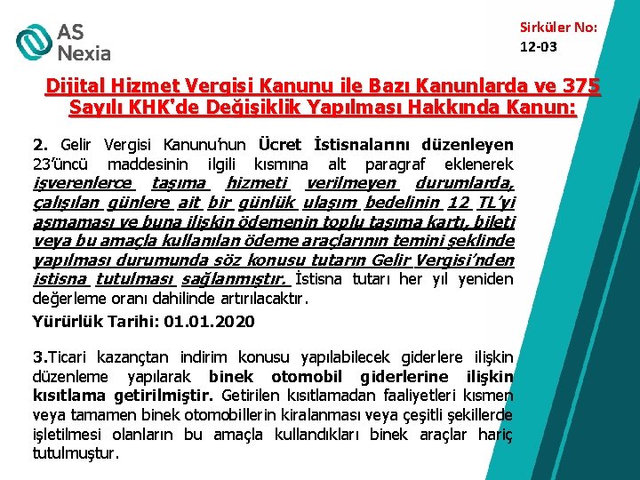 Sirküler No: 12 -03 Dijital Hizmet Vergisi Kanunu ile Bazı Kanunlarda ve 375 Sayılı