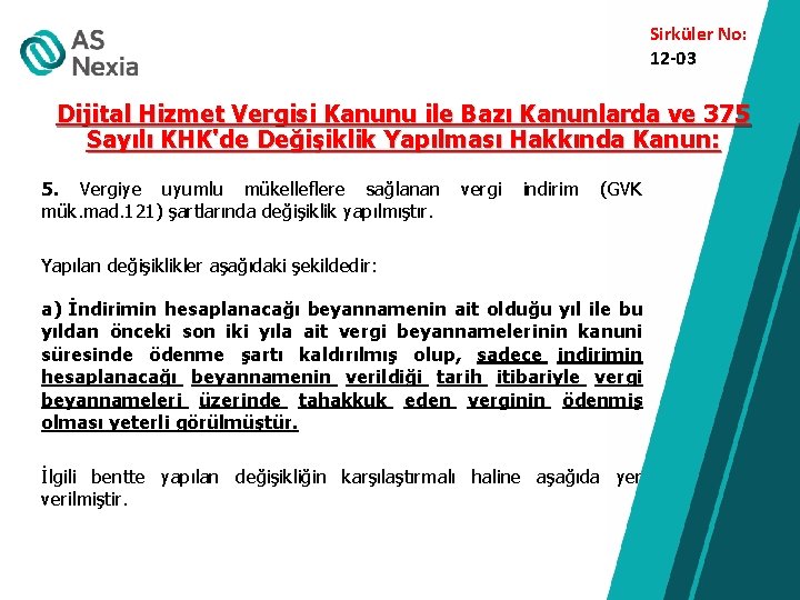 Sirküler No: 12 -03 Dijital Hizmet Vergisi Kanunu ile Bazı Kanunlarda ve 375 Sayılı