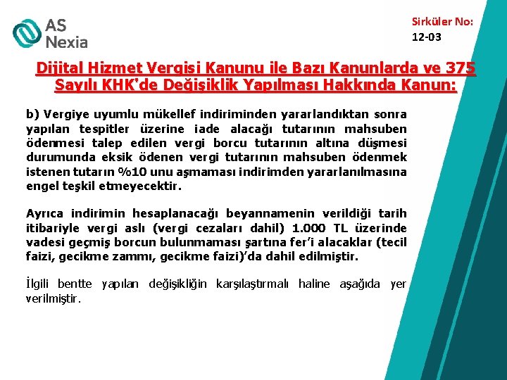 Sirküler No: 12 -03 Dijital Hizmet Vergisi Kanunu ile Bazı Kanunlarda ve 375 Sayılı