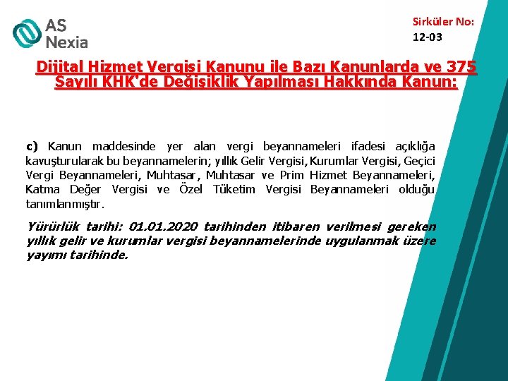 Sirküler No: 12 -03 Dijital Hizmet Vergisi Kanunu ile Bazı Kanunlarda ve 375 Sayılı