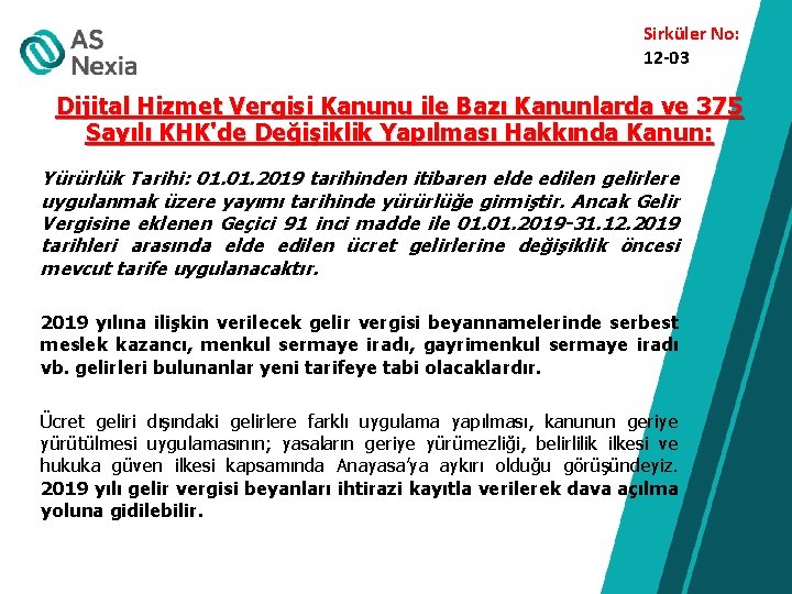 Sirküler No: 12 -03 Dijital Hizmet Vergisi Kanunu ile Bazı Kanunlarda ve 375 Sayılı