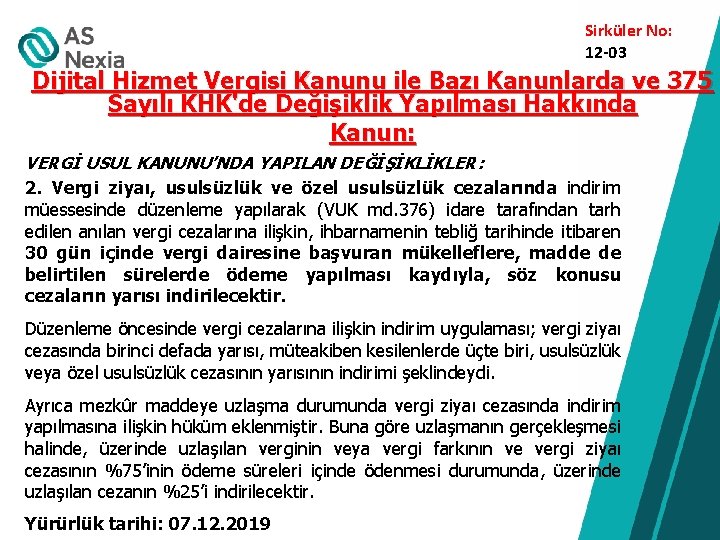 Sirküler No: 12 -03 Dijital Hizmet Vergisi Kanunu ile Bazı Kanunlarda ve 375 Sayılı