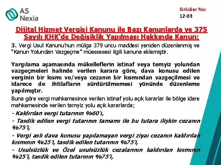 Sirküler No: 12 -03 Dijital Hizmet Vergisi Kanunu ile Bazı Kanunlarda ve 375 Sayılı