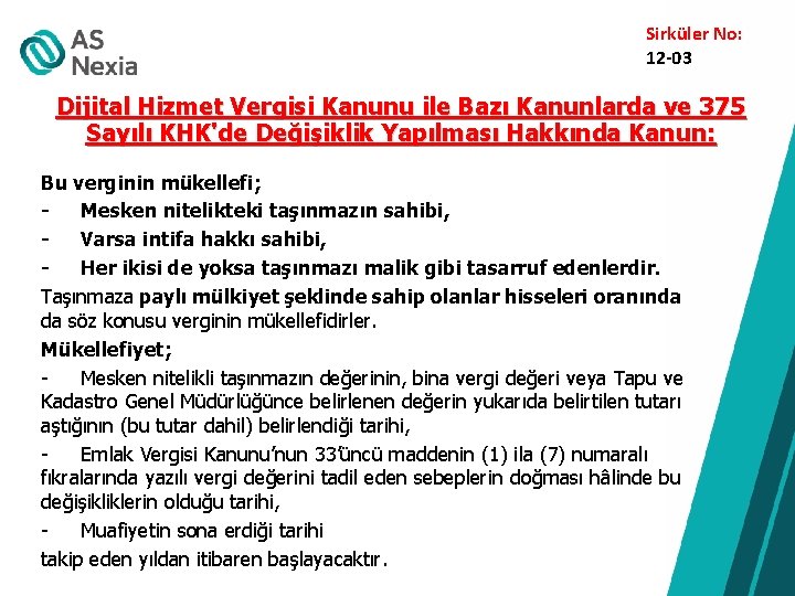 Sirküler No: 12 -03 Dijital Hizmet Vergisi Kanunu ile Bazı Kanunlarda ve 375 Sayılı