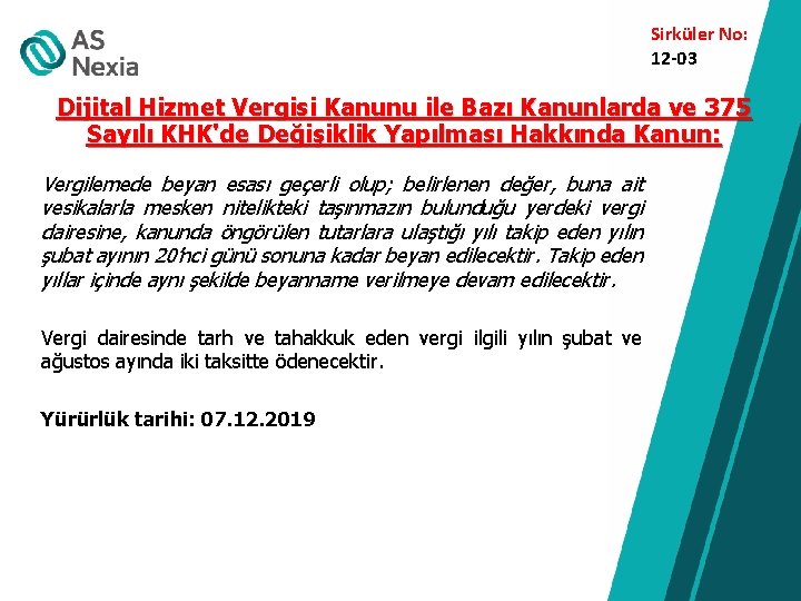 Sirküler No: 12 -03 Dijital Hizmet Vergisi Kanunu ile Bazı Kanunlarda ve 375 Sayılı