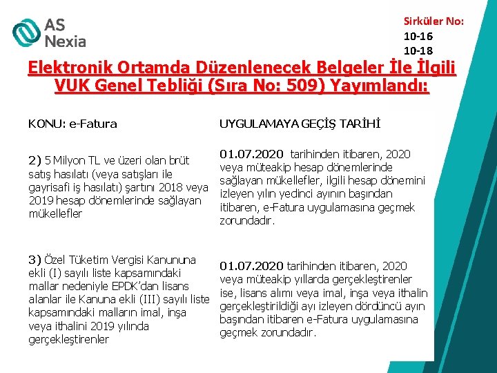  Sirküler No: 10 -16 10 -18 Elektronik Ortamda Düzenlenecek Belgeler İle İlgili VUK