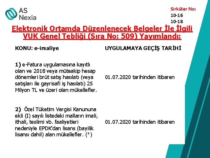  Sirküler No: 10 -16 10 -18 Elektronik Ortamda Düzenlenecek Belgeler İle İlgili VUK