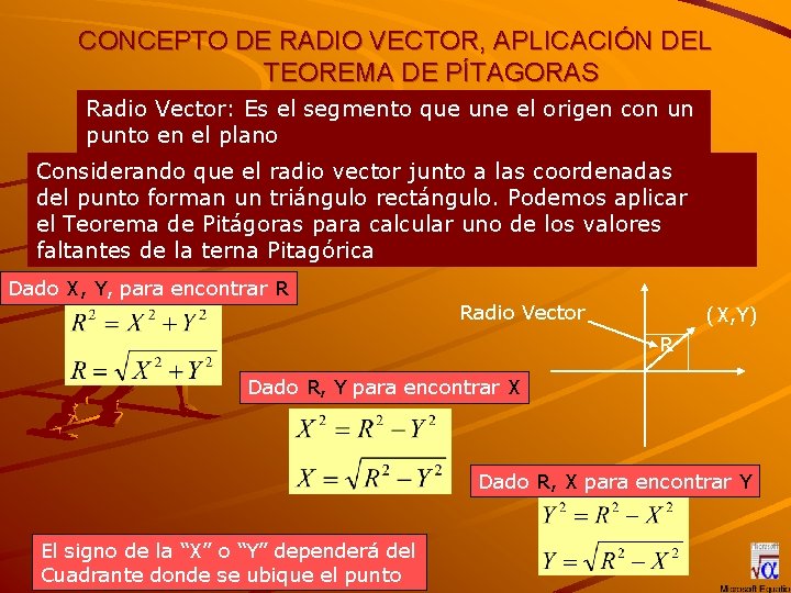 CONCEPTO DE RADIO VECTOR, APLICACIÓN DEL TEOREMA DE PÍTAGORAS Radio Vector: Es el segmento