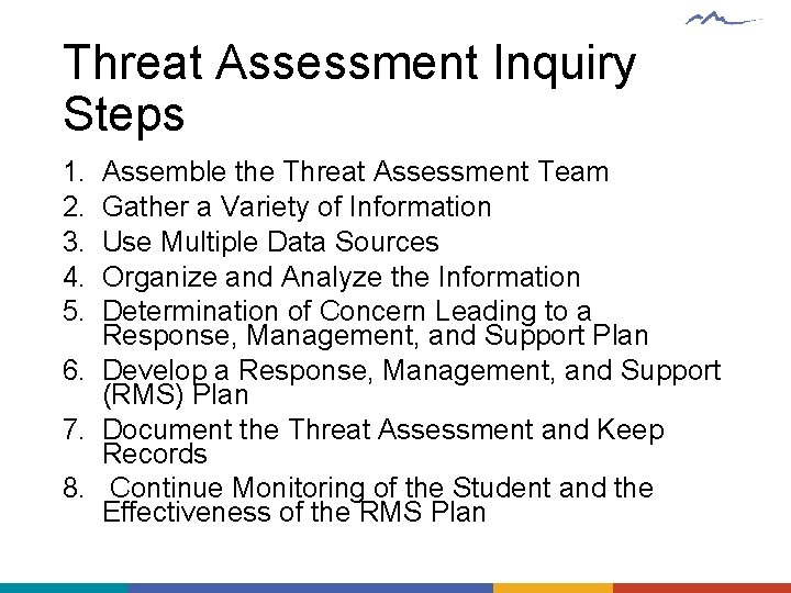 Threat Assessment Inquiry Steps 1. 2. 3. 4. 5. Assemble the Threat Assessment Team