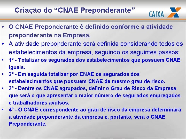 Criação do “CNAE Preponderante” • O CNAE Preponderante é definido conforme a atividade preponderante