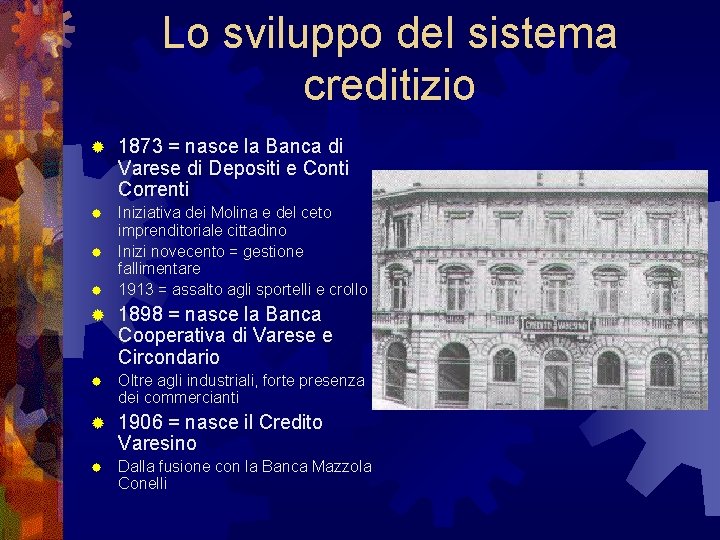 Lo sviluppo del sistema creditizio ® 1873 = nasce la Banca di Varese di