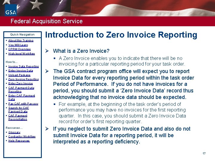 Federal Acquisition Service Quick Navigation § § About this Training You Will Learn CPRM