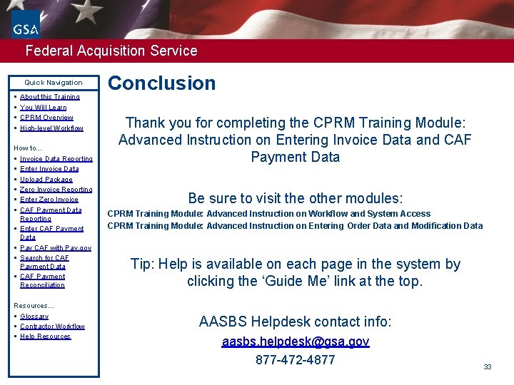 Federal Acquisition Service Quick Navigation § § About this Training You Will Learn CPRM