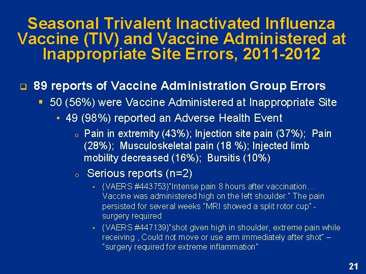 Seasonal Trivalent Inactivated Influenza Vaccine (TIV) and Vaccine Administered at Inappropriate Site Errors, 2011